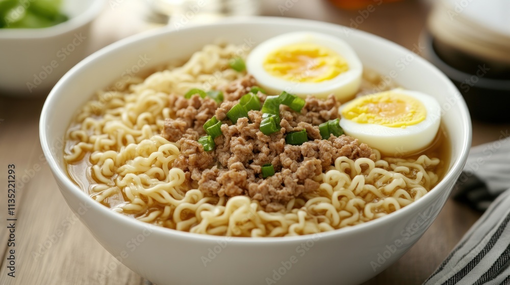 Delicious Ramen Noodles with Ground Meat and Eggs Delicious Ramen Noodles with Ground Meat and Eggs