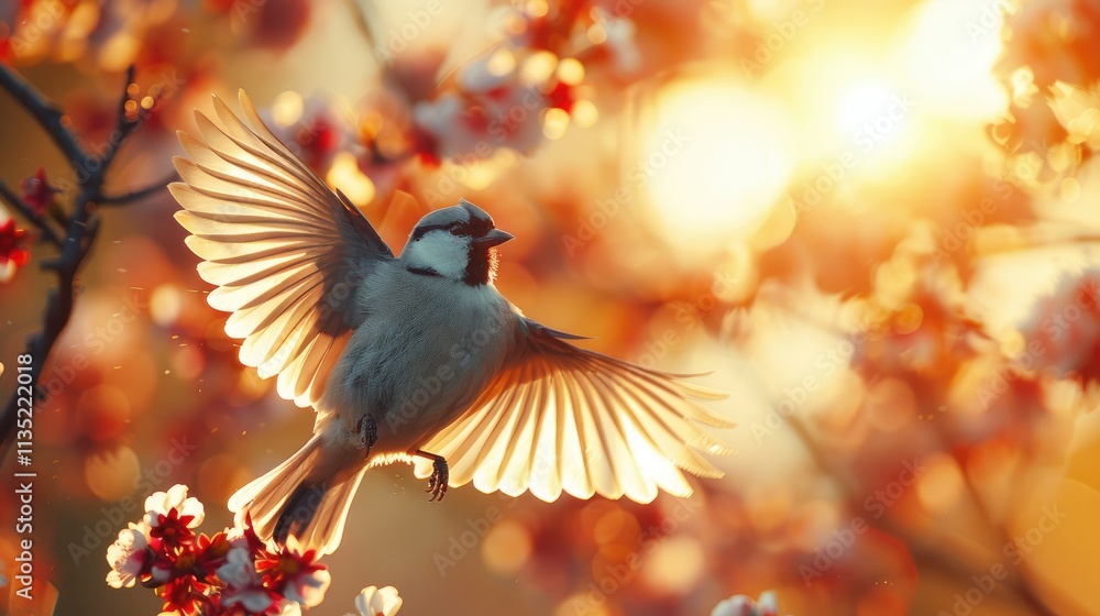 Bird flying among blossoms at sunrise, sun glowing. Bird flying among blossoms at sunrise, sun glowing.