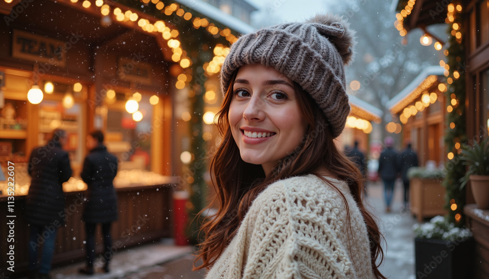 Smiling woman at Christmas market in winter evening Smiling woman at Christmas market in winter evening