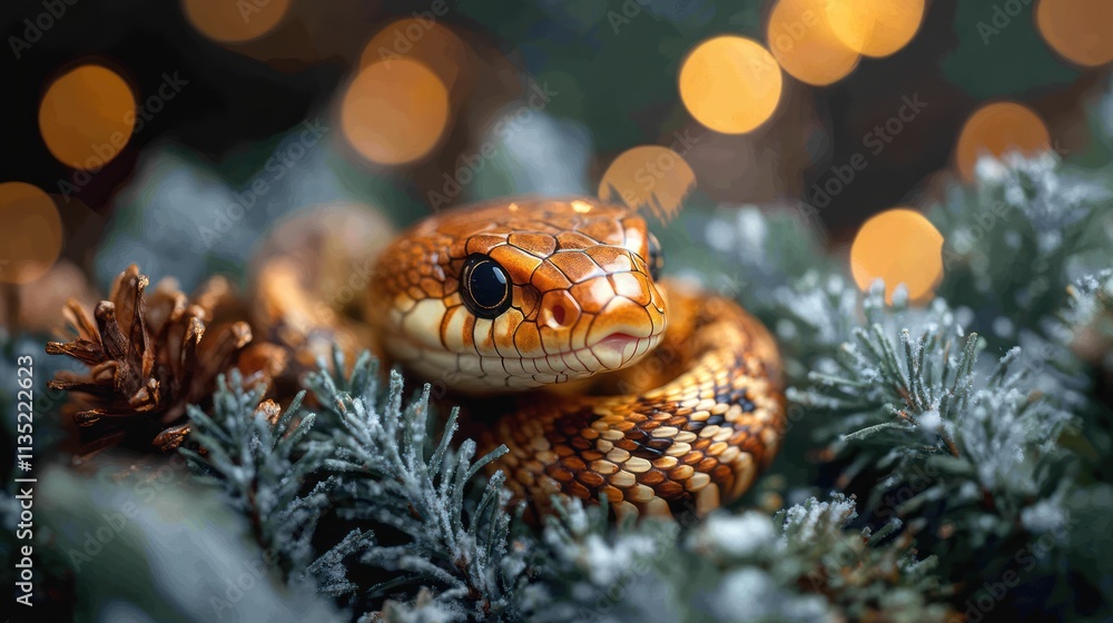 Close-up of a corn snake nestled in snowy pine branches with bokeh lights. Close-up of a corn snake nestled in snowy pine branches with bokeh lights.