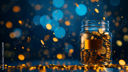 Glass jar filled with coins, shimmering against a blue bokeh background, symbolizing savings and prosperity.