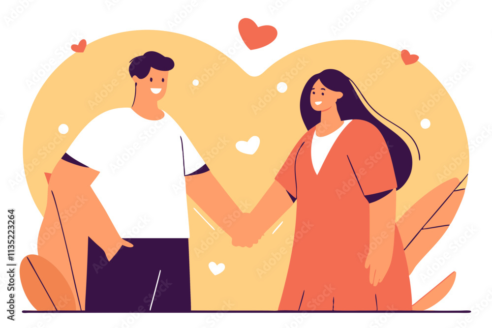 Illustration, funny people in love holding hands, romance, happy Valentine's day