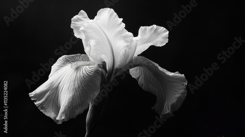 A striking monochrome photograph of a delicate white iris flower
