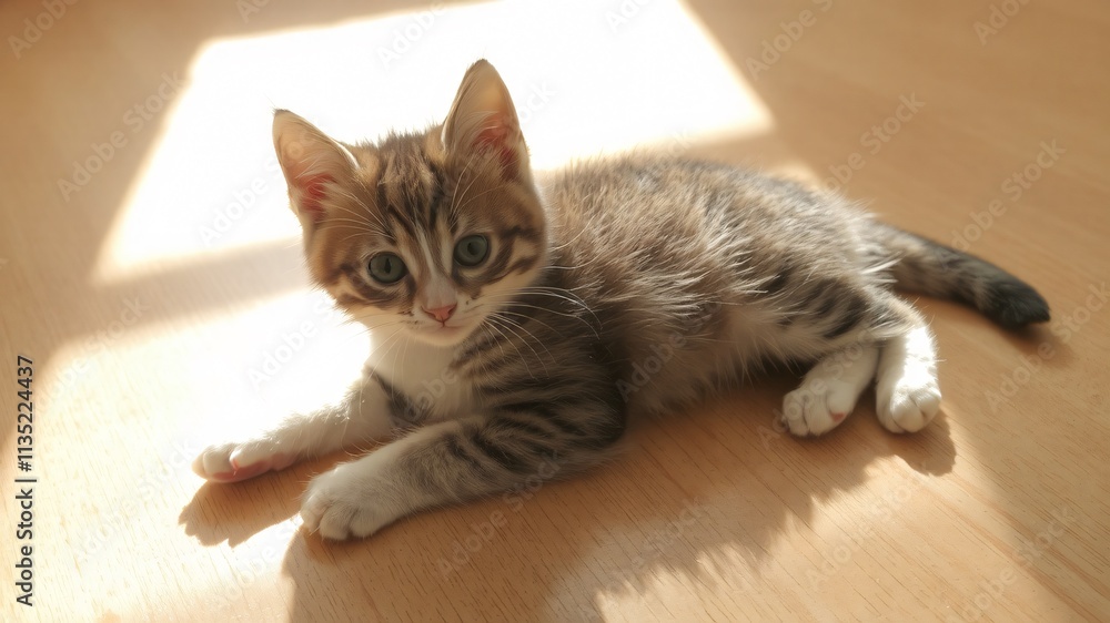 Adorable striped kitten resting in sunlight on a wooden floor during the afternoon Adorable striped kitten resting in sunlight on a wooden floor during the afternoon