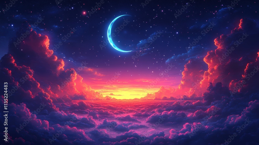Fototapeta premium Ethereal Night Sky Glowing Crescent Moon Above Fiery Clouds at Sunset.