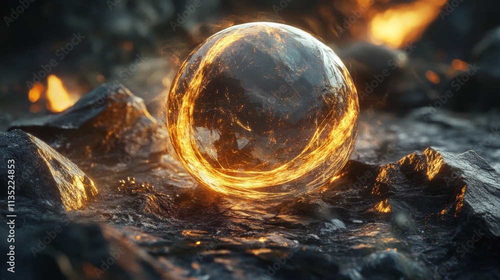 A transparent glowing orb rests in a dark, rocky volcanic terrain, radiating with fiery energy. The contrast of the smooth sphere against the rough landscape creates a sense of mystery and power.. AI A transparent glowing orb rests in a dark, rocky volcanic terrain, radiating with fiery energy. The contrast of the smooth sphere against the rough landscape creates a sense of mystery and power.. AI