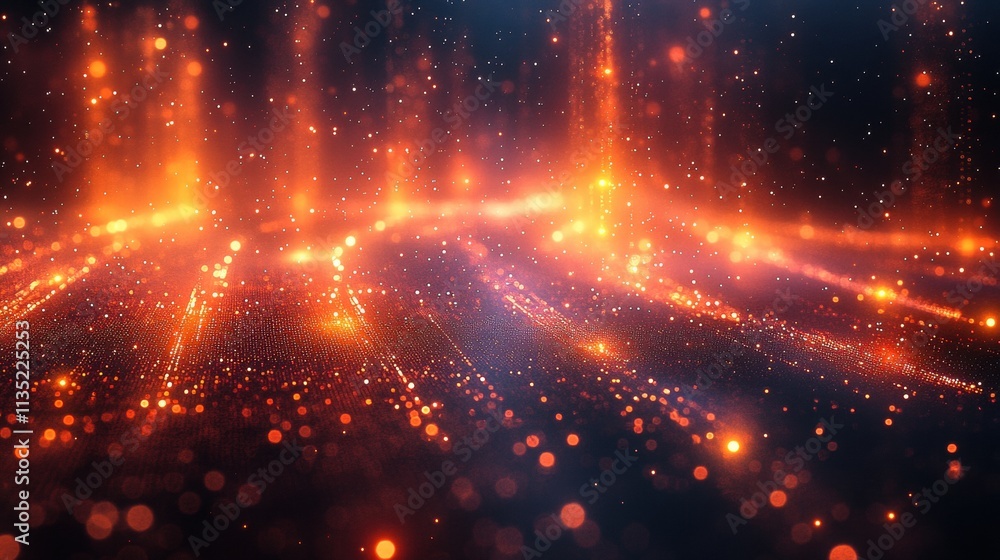 Abstract Orange and White Glitter Particles on a Dark Background, Glowing and Flowing Dynamic Sparkles. Abstract Orange and White Glitter Particles on a Dark Background, Glowing and Flowing Dynamic Sparkles.