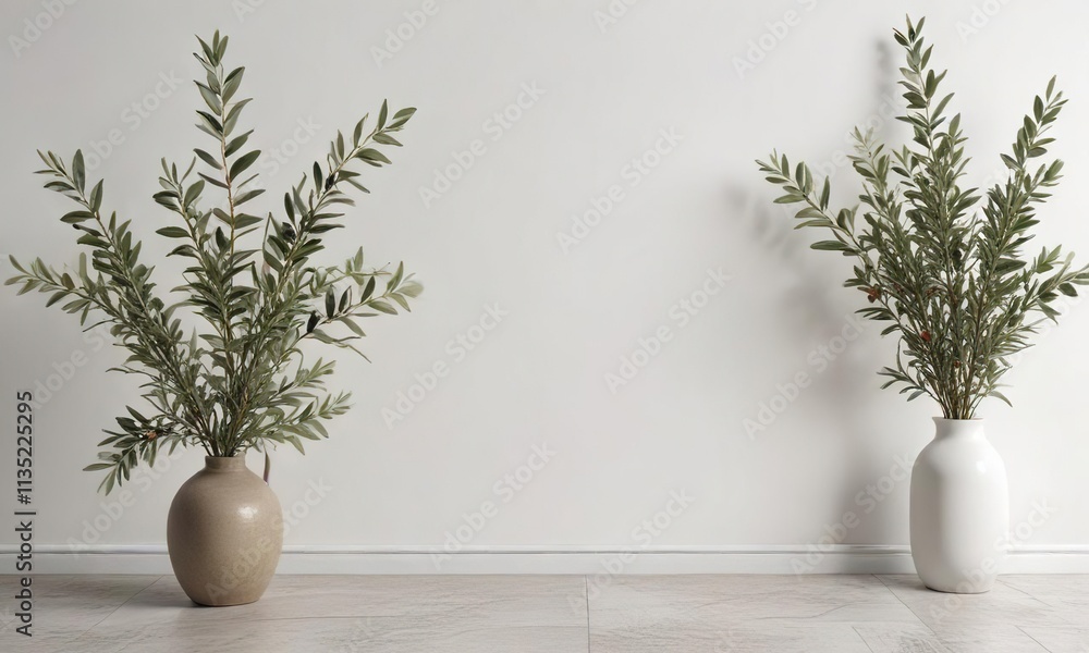 Styled mockup with white wall background and olive branches, design elements, blank space, artistic, nature-inspired, creativity Styled mockup with white wall background and olive branches, design elements, blank space, artistic, nature-inspired, creativity