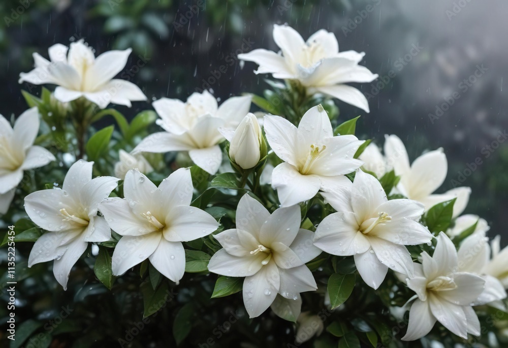 Close-up of white gardenia flowers blooming under the rain, garden, beauty, petals, blooms, nature Close-up of white gardenia flowers blooming under the rain, garden, beauty, petals, blooms, nature