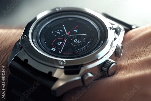 A close-up shot of a stylish smartwatch on a wrist, displaying time and other data. photo