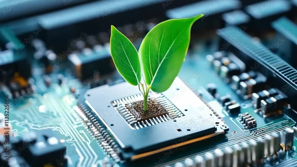 A vibrant green plant emerging from a microchip, blending nature with computer technology in stunning detail and clarity
