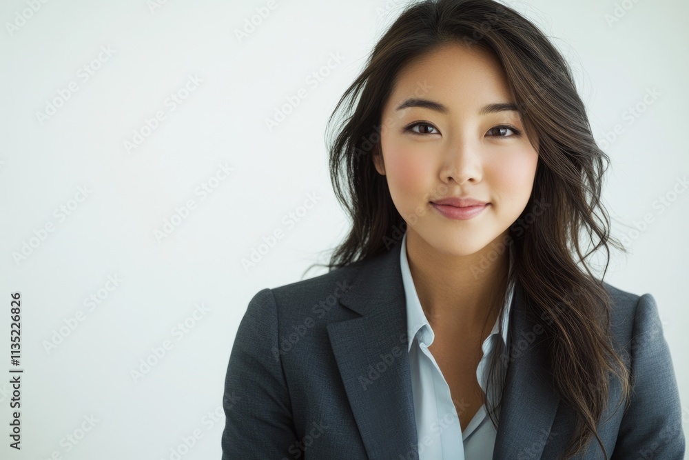 Confident young Asian businesswoman in a grey suit, looking directly at the camera with a calm expression. Confident young Asian businesswoman in a grey suit, looking directly at the camera with a calm expression.