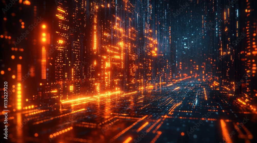 Fototapeta premium Futuristic Digital Cityscape Abstract Glowing Data Network in Cyberpunk Style.