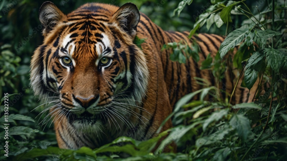 Wild tiger moving through dense jungle foliage in search of prey during daylight hours Wild tiger moving through dense jungle foliage in search of prey during daylight hours