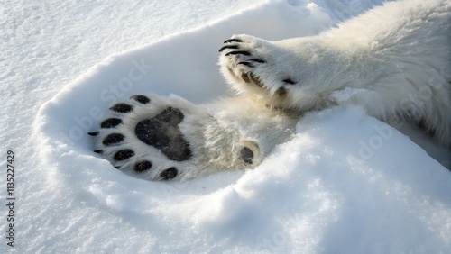 Close-up of a polar bear's large paw with sharp claws and textured fur. photo