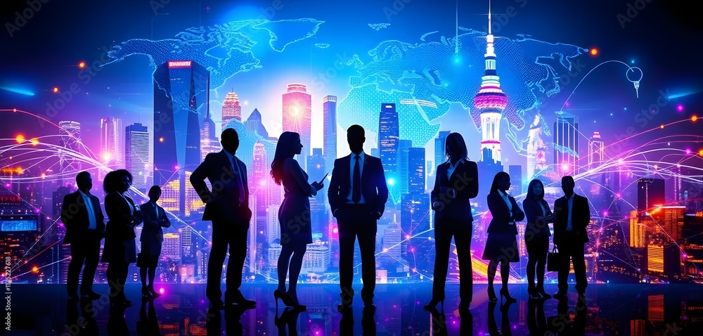 Silhouetted Business Professionals with Global Network Cityscape Silhouetted Business Professionals with Global Network Cityscape
