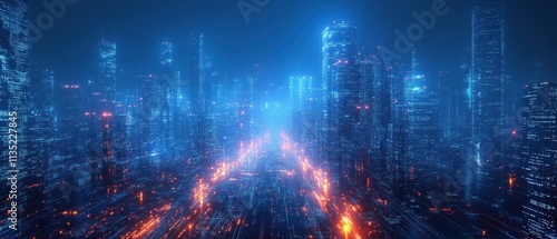 Futuristic Cityscape at Night Neon Lights, Digital City, and Data Streams