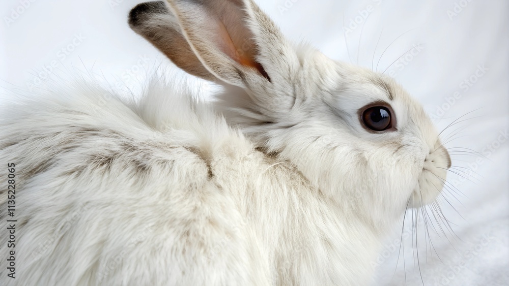  Close-up of a white rabbit's face with soft fur and alert ears.