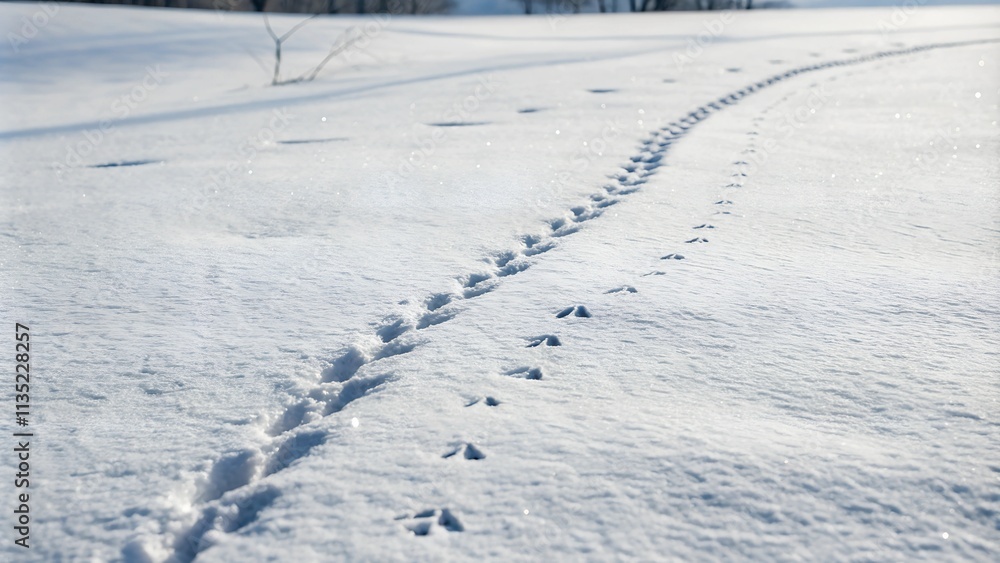 A winding trail of animal footprints cuts through a vast expanse of pristine snow. The footprints, likely from a small mammal, are clearly visible against the stark white background.