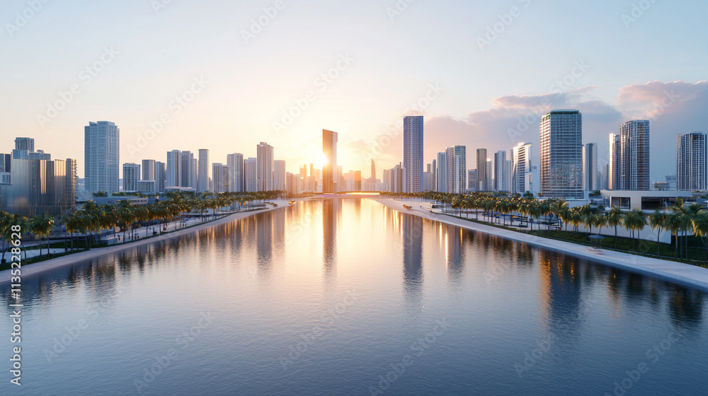Modern city skyline at sunrise reflecting on calm river, showcasing urban architecture and serene nature. Modern city skyline at sunrise reflecting on calm river, showcasing urban architecture and serene nature.