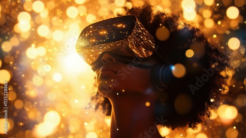 Afro haired woman in a VR headset surrounded by golden bokeh lights exploring the intersection of digital technology and creativity in a vibrant immersive experience photo