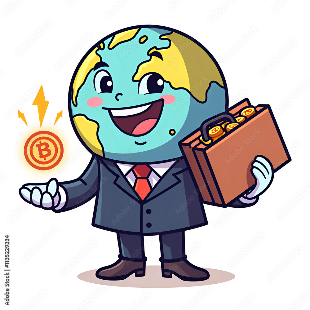 Cheerful cartoon globe representing cryptocurrency and global finance in a business suit, illustration of character design concept.