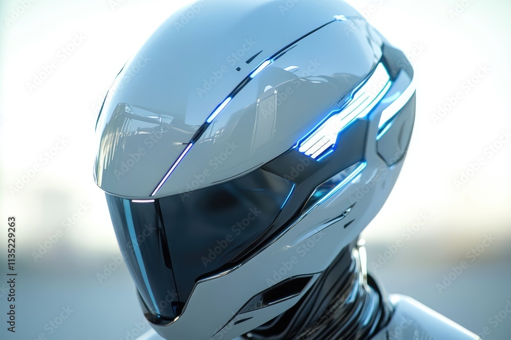 Fototapeta premium Futuristic white helmet with glowing blue accents, sleek and modern design.