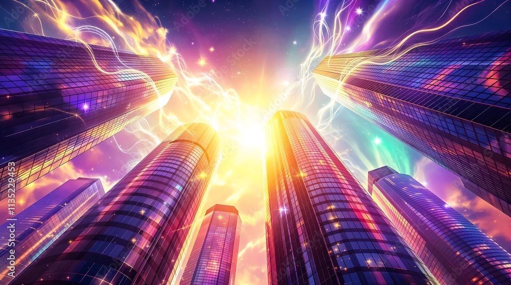 Abstract Cityscape with Energy Flow, Low Angle View, Modern Buildings Abstract Cityscape with Energy Flow, Low Angle View, Modern Buildings
