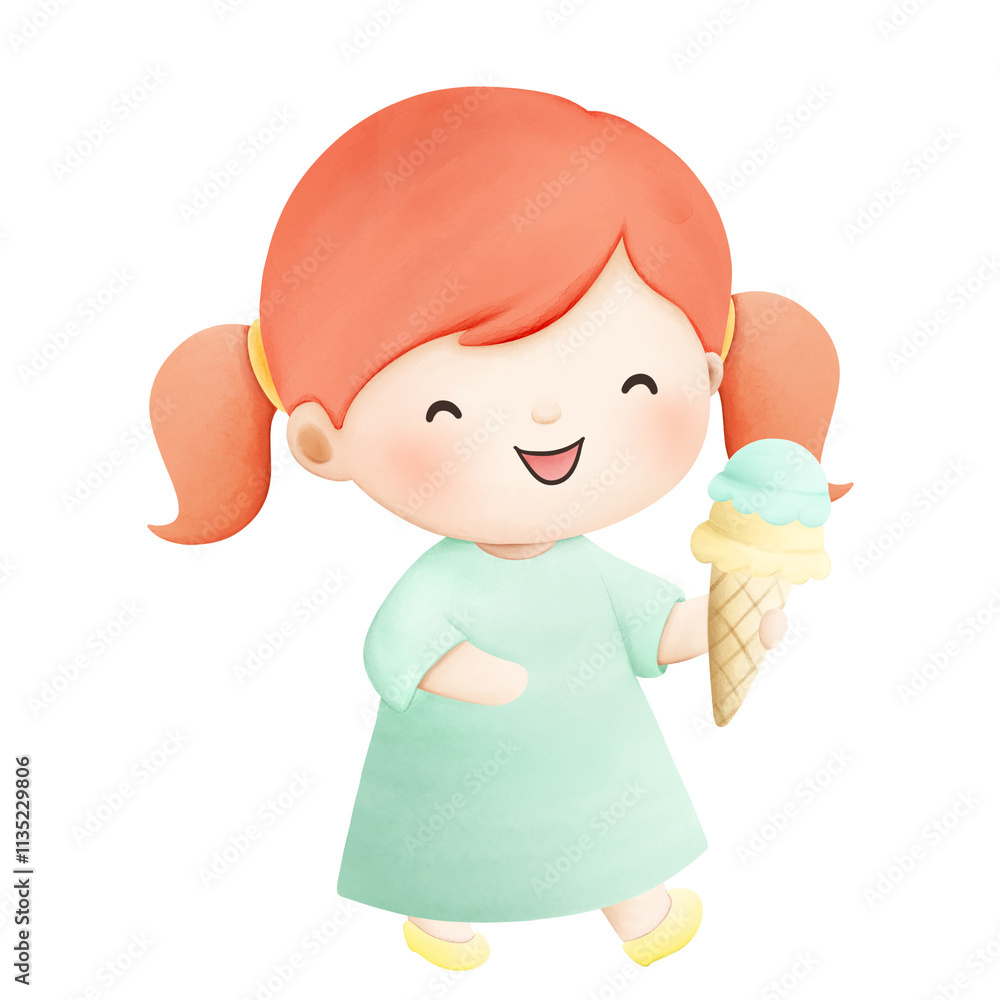 Watercolor illustration of little girl eating ice cream Watercolor illustration of little girl eating ice cream
