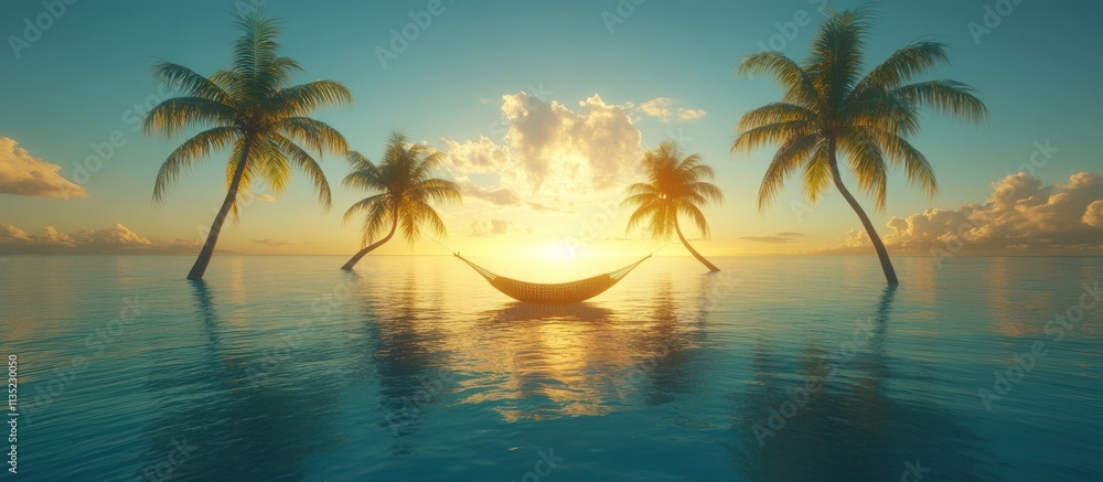 Tranquil sunset scene with hammock between palm trees in calm ocean. Tranquil sunset scene with hammock between palm trees in calm ocean.
