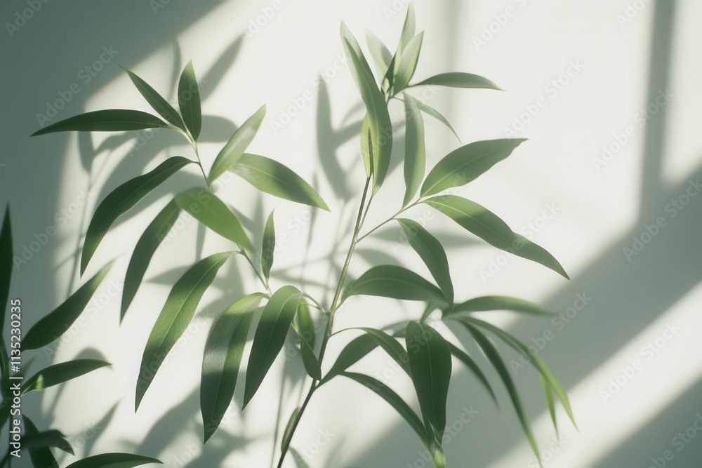 Fototapeta premium Lush leaf shadows creating a vibrant springtime feel on a wall.