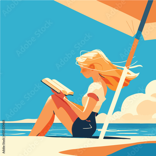 Vector illustration of a blonde girl on the beach in nature