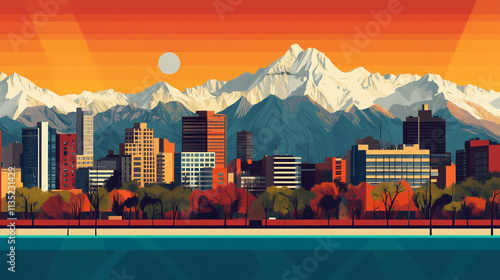 Nostalgic retro poster of Santiago, Chile, blending the cityscape with the stunning Andes Mountains, capturing cultural vibrancy
