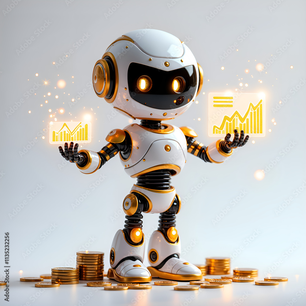 Naklejka premium Whimsical robot analyzing data trends with coins in a futuristic setting, 3d rendering of character design concept.