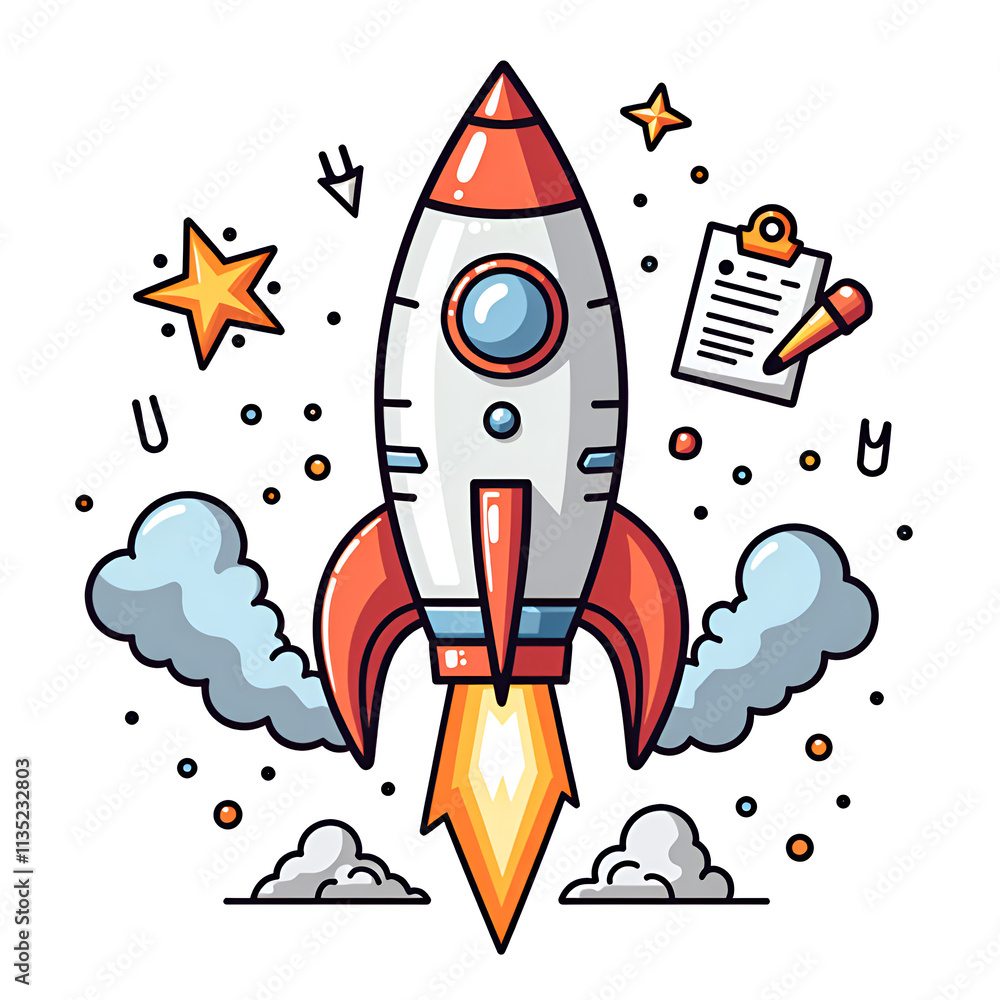 Colorful rocket launching into space with stars and cosmic clouds, digital illustration of space exploration concept. Colorful rocket launching into space with stars and cosmic clouds, digital illustration of space exploration concept.