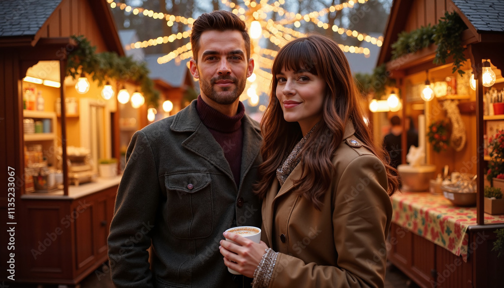 Smiling couple enjoying Christmas market with festive lights Smiling couple enjoying Christmas market with festive lights