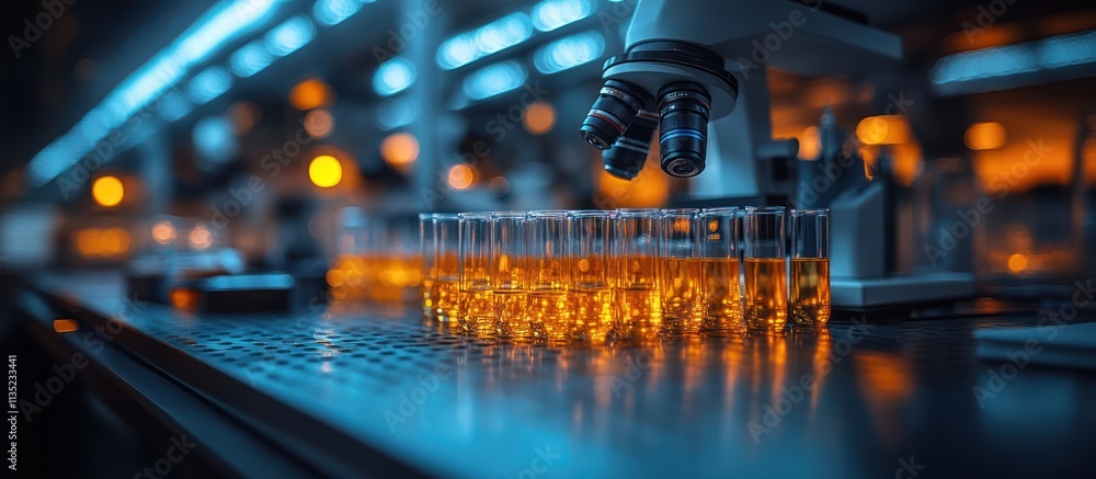 Microscope over test tubes in lab. Microscope over test tubes in lab.