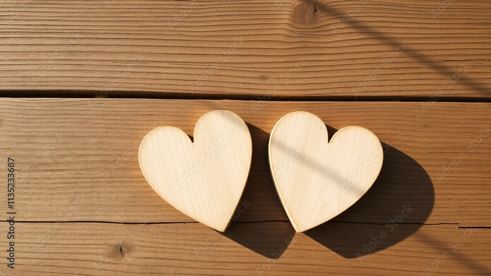 Two wooden hearts on a rustic table symbolize love and connection in a serene setting Two wooden hearts on a rustic table symbolize love and connection in a serene setting