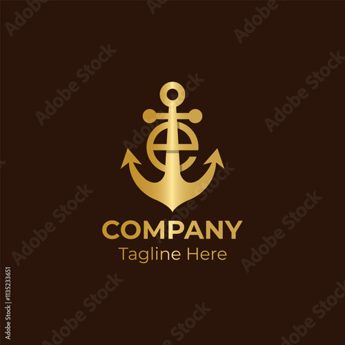 Initial letter E with anchor gold color logo. Creative logo design.