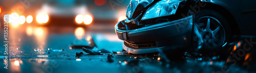 Close-up of a car accident scene at night with blurred traffic lights in the background on a wet road.