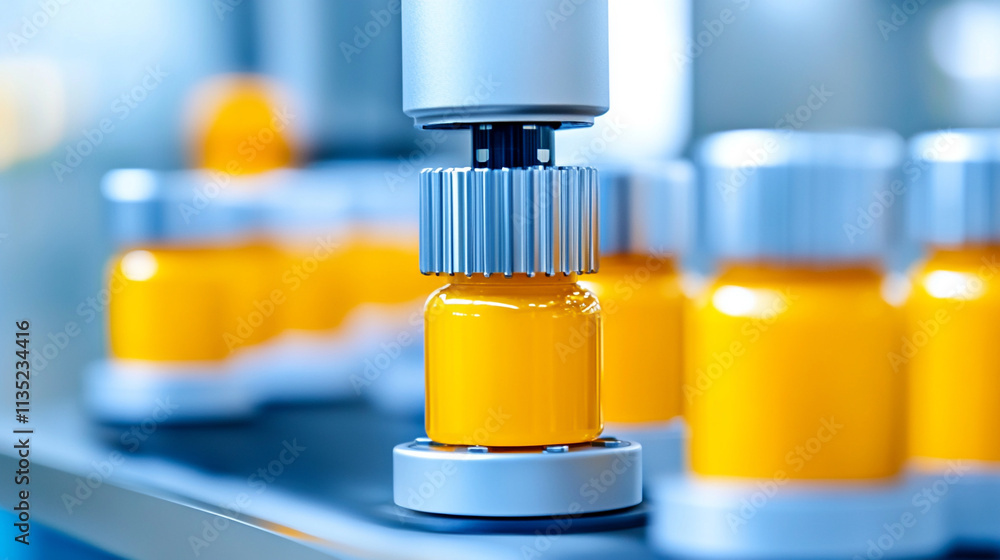 Close-up of automated machinery handling orange bottles on a production line, illustrating modern manufacturing processes. Close-up of automated machinery handling orange bottles on a production line, illustrating modern manufacturing processes.