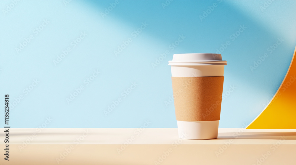 Coffee cup on sunny surface with blue and yellow backdrop, minimalist caffeine concept. Coffee cup on sunny surface with blue and yellow backdrop, minimalist caffeine concept.