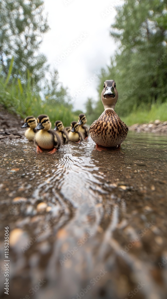 Obraz premium A mother duck leads her ducklings along a shallow stream in a natural setting.