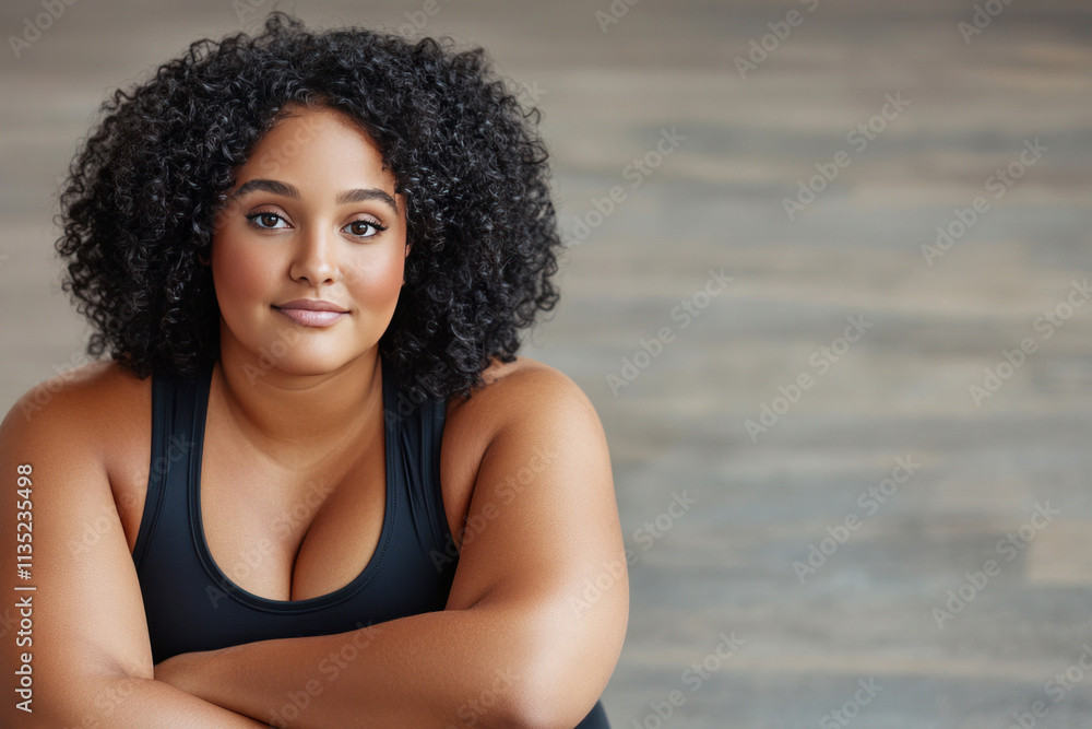 Confident young woman with curly hair poses in a casual black tank top against a neutral background Confident young woman with curly hair poses in a casual black tank top against a neutral background