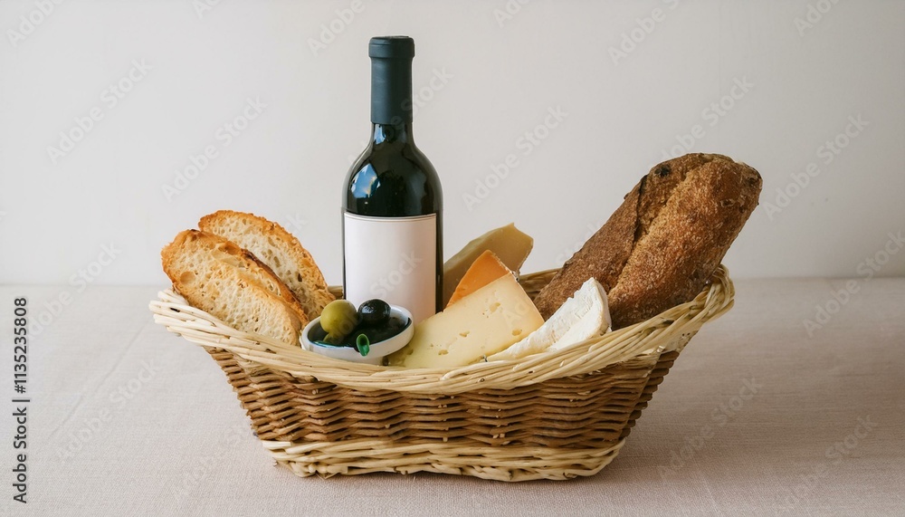 Naklejka premium 바구니 안에 다양한 종류의 빵, 치즈, 올리브와 함께 놓인 작은 와인 병
