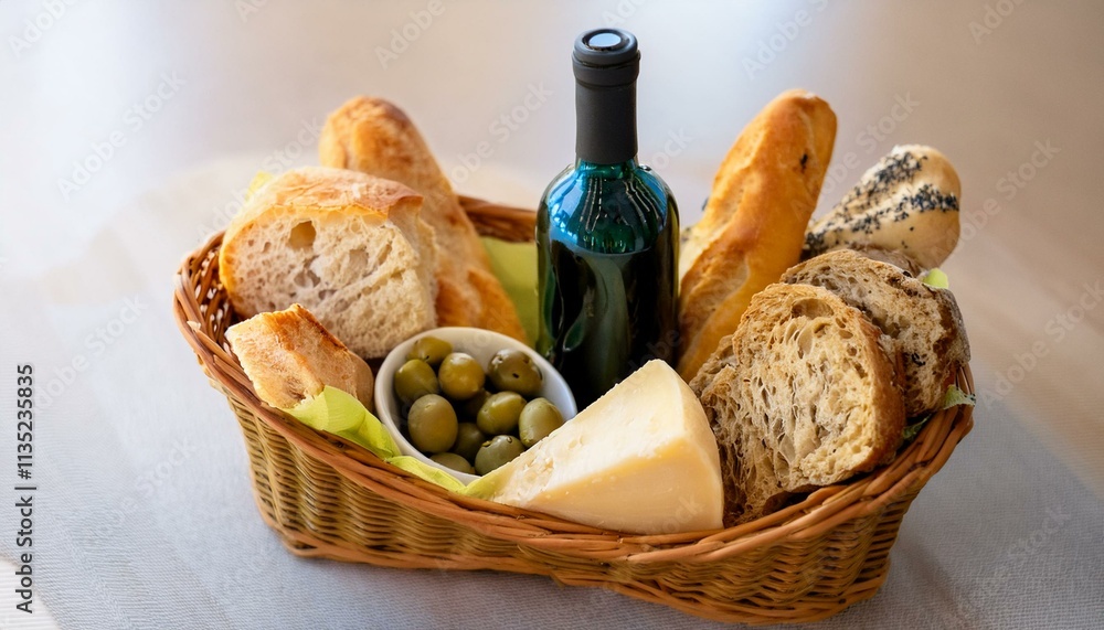Naklejka premium 바구니 안에 다양한 종류의 빵, 치즈, 올리브와 함께 놓인 작은 와인 병