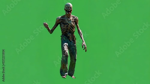 Zombie-like Figure Running, 3D Animation, Pale Skinned, Dark-eyed, Tattered Clothing, Green Background, for Compositing or Visual Effects photo