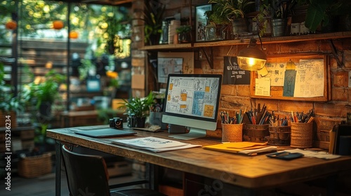 Wallpaper Mural A cozy workspace filled with plants, papers, and a computer, ideal for creativity and productivity. Torontodigital.ca