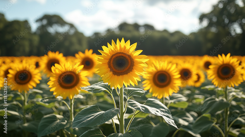 Fototapeta premium Endless sunflower fields under a bright summer sky.
