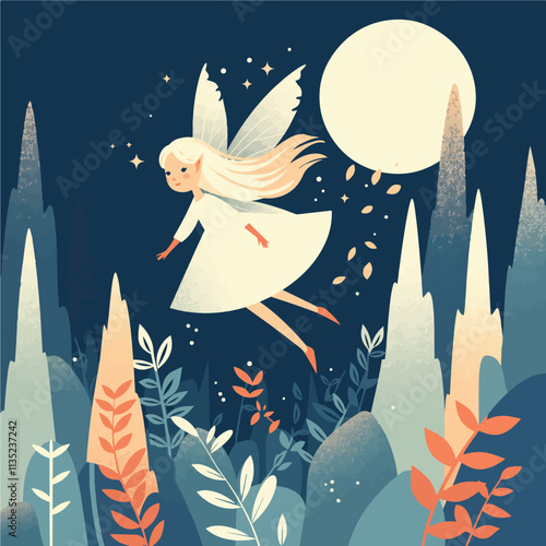 Illustration of a butterfly girl at night and dreaming in vector format